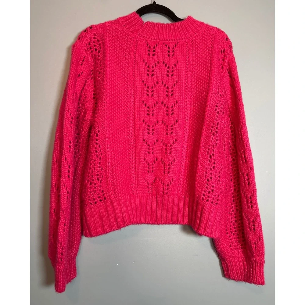 ALYA Women's L Pink Acrylic Knit Sweater Crochet Lace Detail Long Sleeve